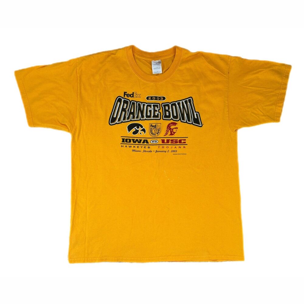 Gildan Mens 2003 Orange Bowl T Shirt XL FedEx Iowa Haweyes USC Trojans Football